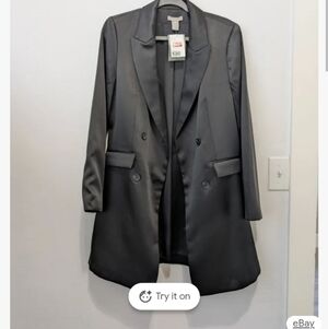 H Black Satin Double-Breasted Mini Dress Coat